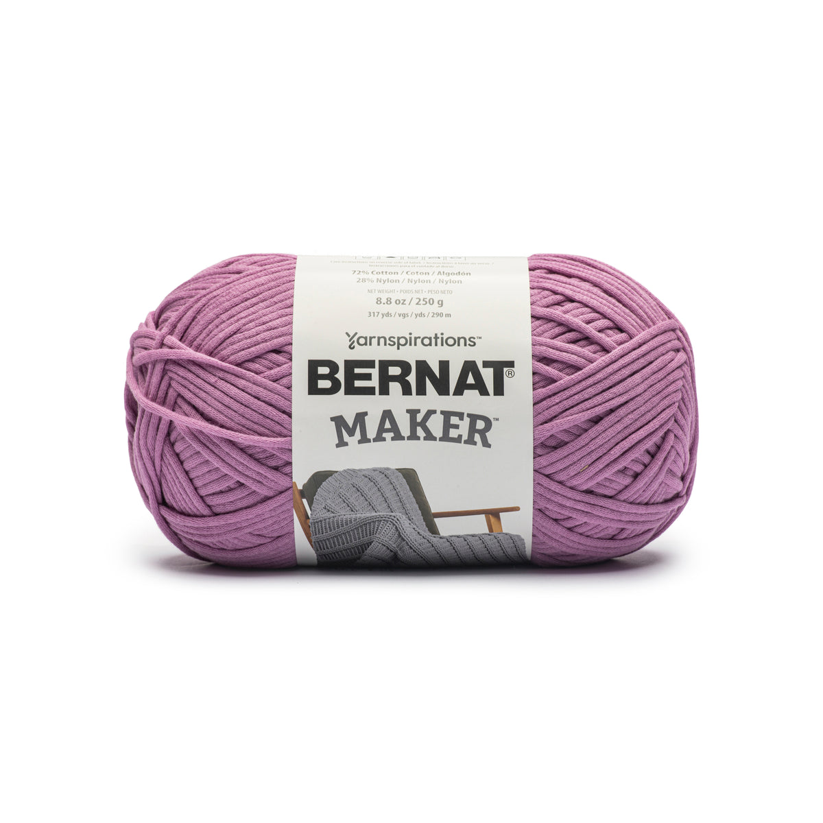Ball of yarn with Bernat Maker label on a white background