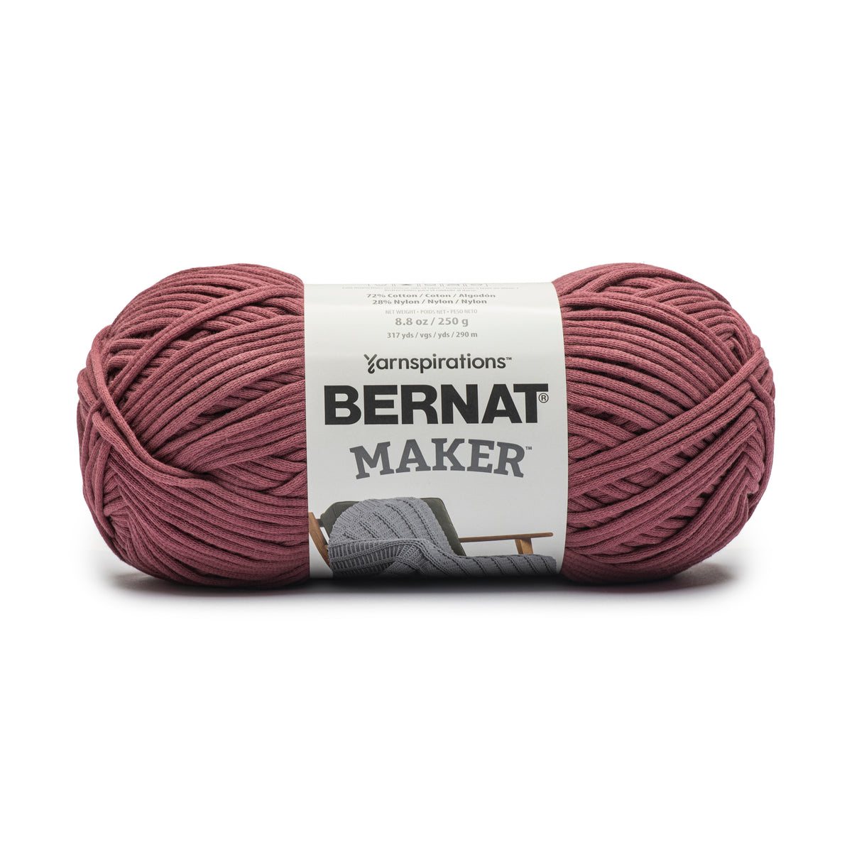 Ball of yarn with a Bernat Maker label on a white background