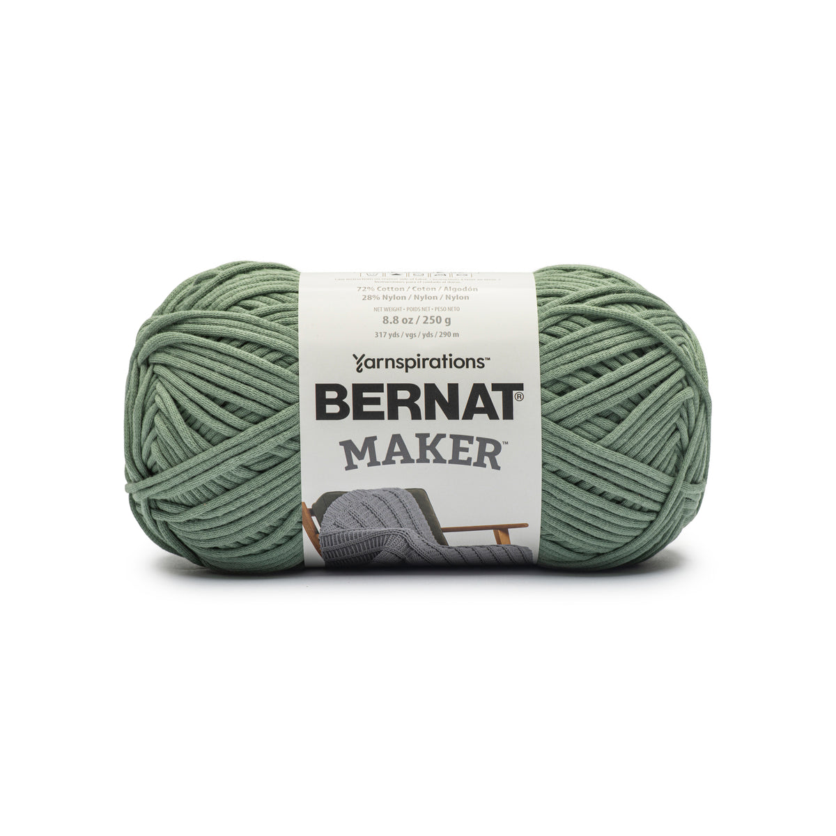 Green skein of yarn with a Bernat Maker label on a white background