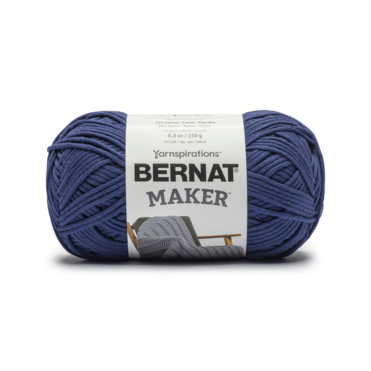 Blue skein of Bernat Maker yarn on a white background