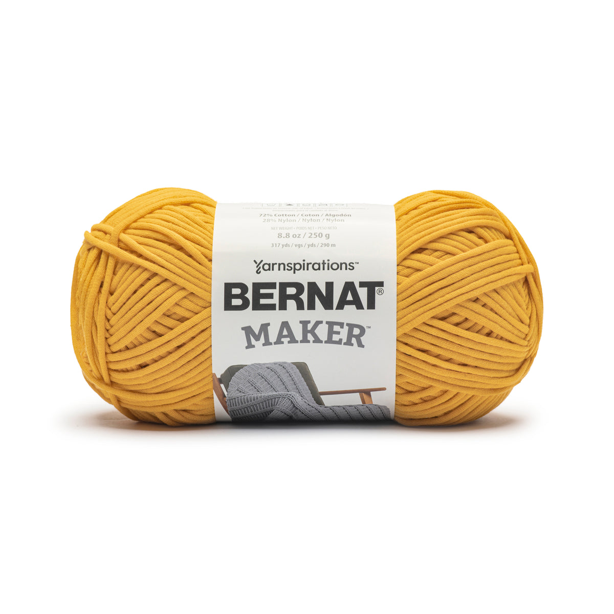 Yellow skein of Bernat Maker yarn on a white background
