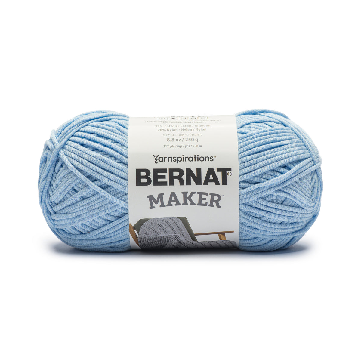 Blue skein of Bernat Maker yarn on a white background