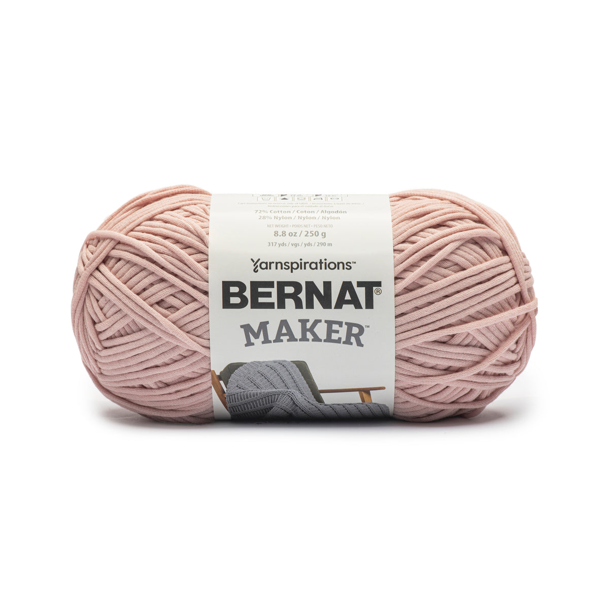 Ball of pink yarn with a Bernat Maker label on a white background