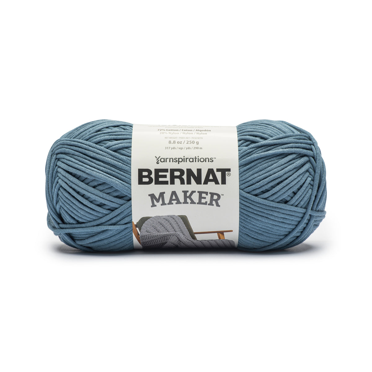 Blue skein of Bernat Maker yarn on a white background