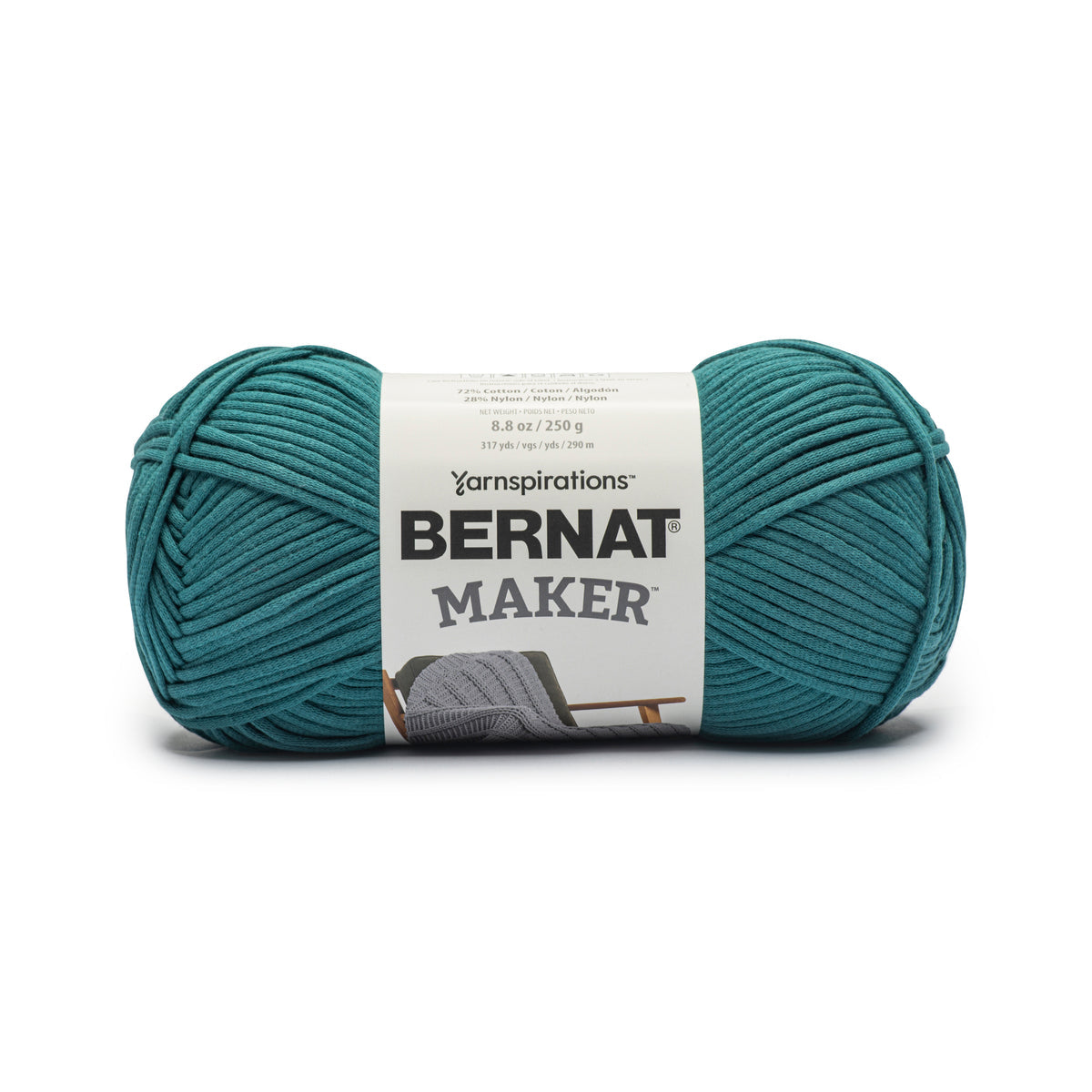 Teal skein of Bernat Maker yarn with label on a white background
