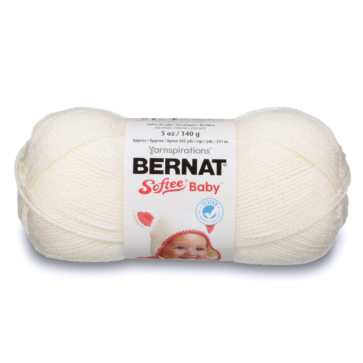 Ball of Bernat Softee Baby yarn on a white background