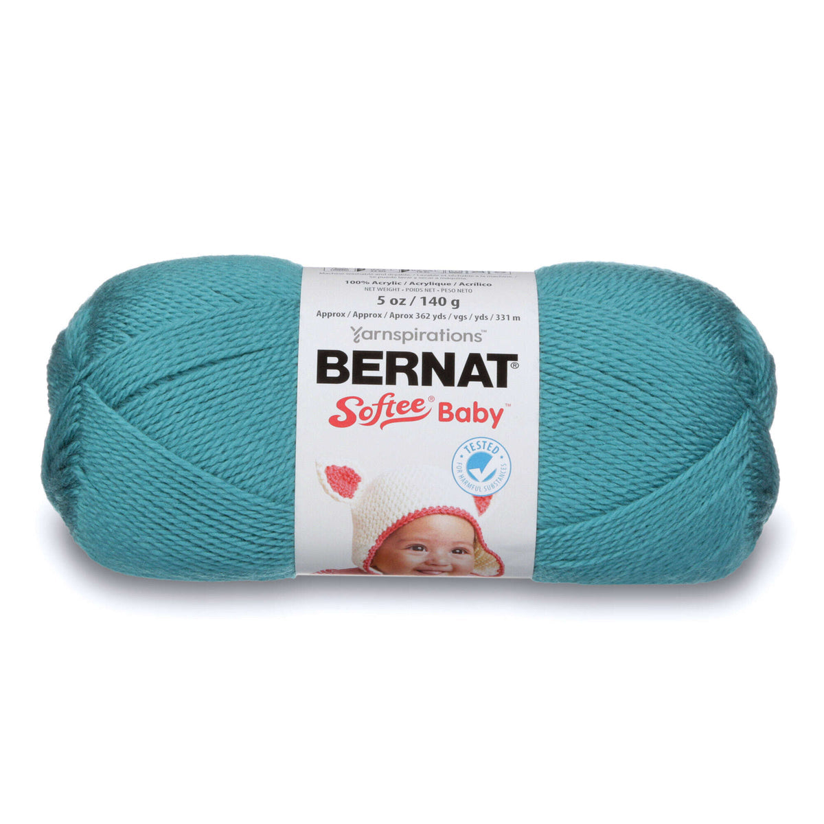Teal skein of Bernat Softee Baby yarn on a white background
