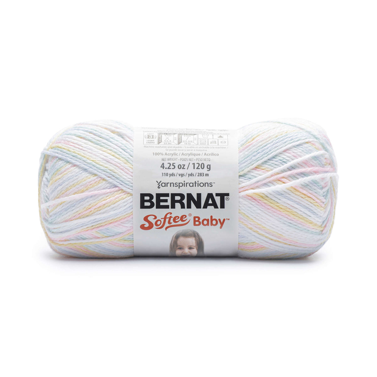 Ball of yarn with label Bernat Softee Baby on white background