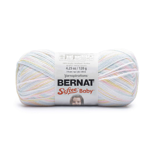 Ball of yarn with label Bernat Softee Baby on white background