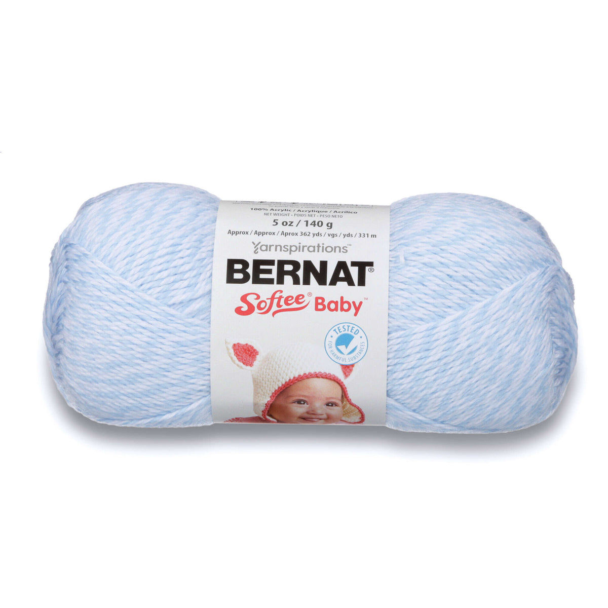 Light blue skein of Bernat Yarnspirations Softee Baby yarn on a white background