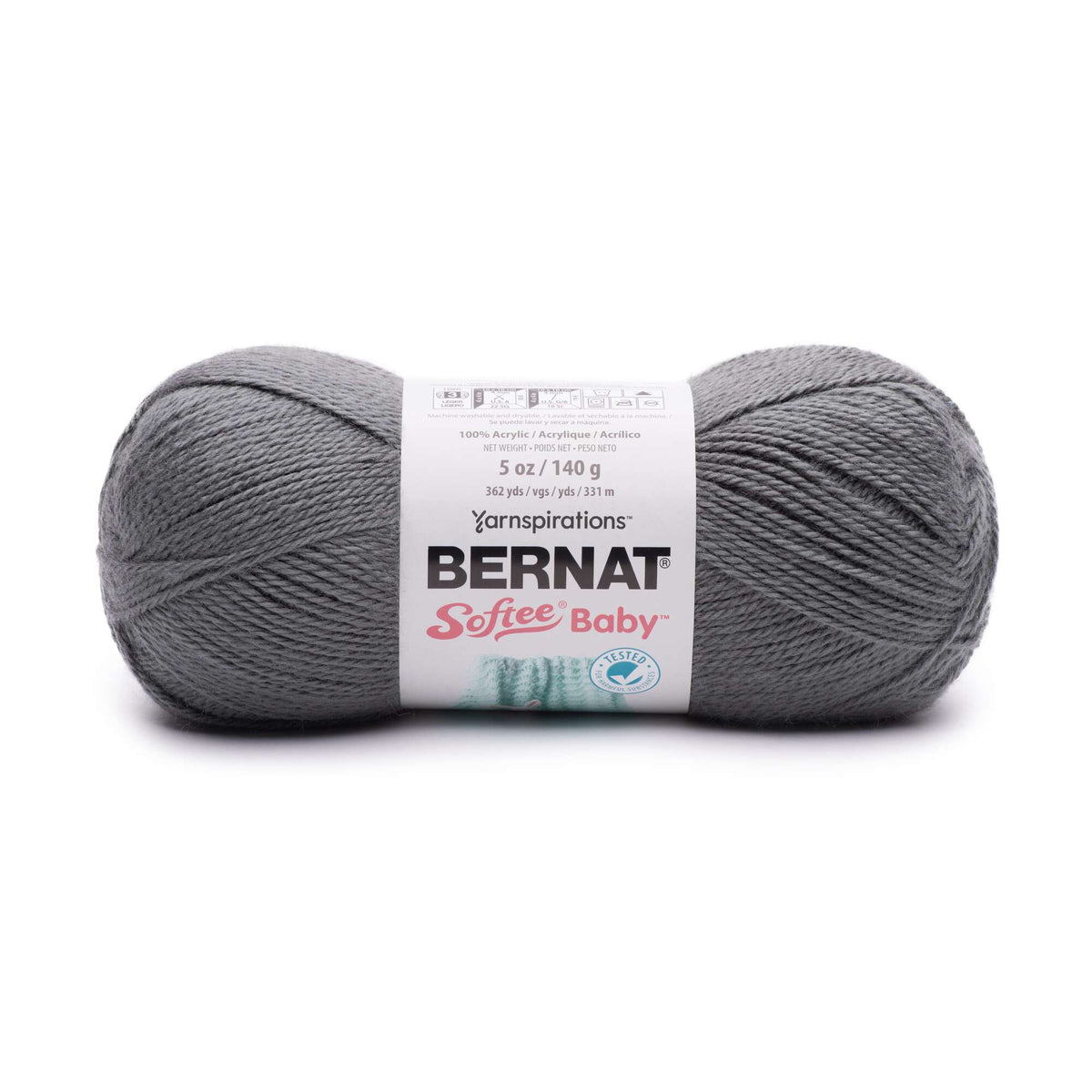 Gray skein of Bernat Softee Baby yarn on a white background