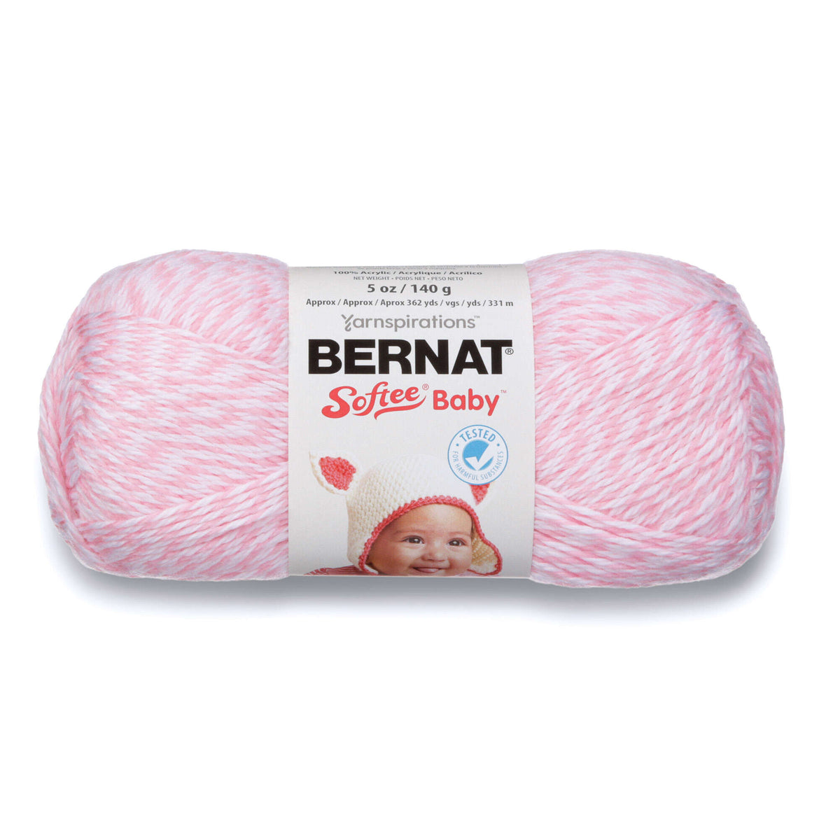 Ball of Bernat Softee Baby yarn with pink and white pattern on a white background
