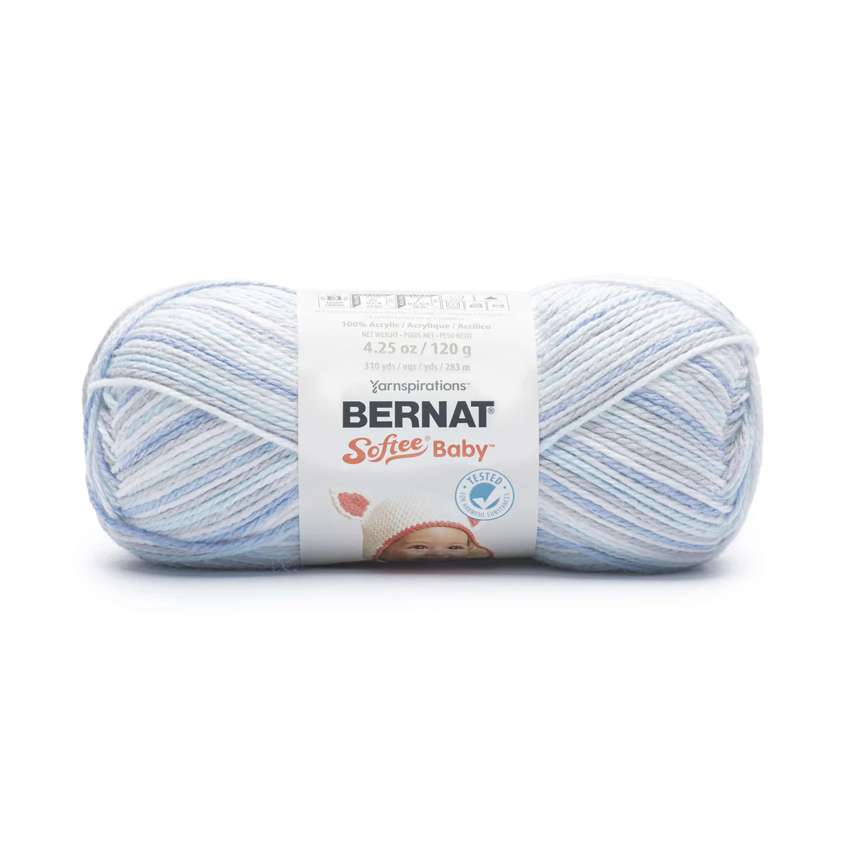 Ball of Bernat Softee Baby yarn with a label on a white background