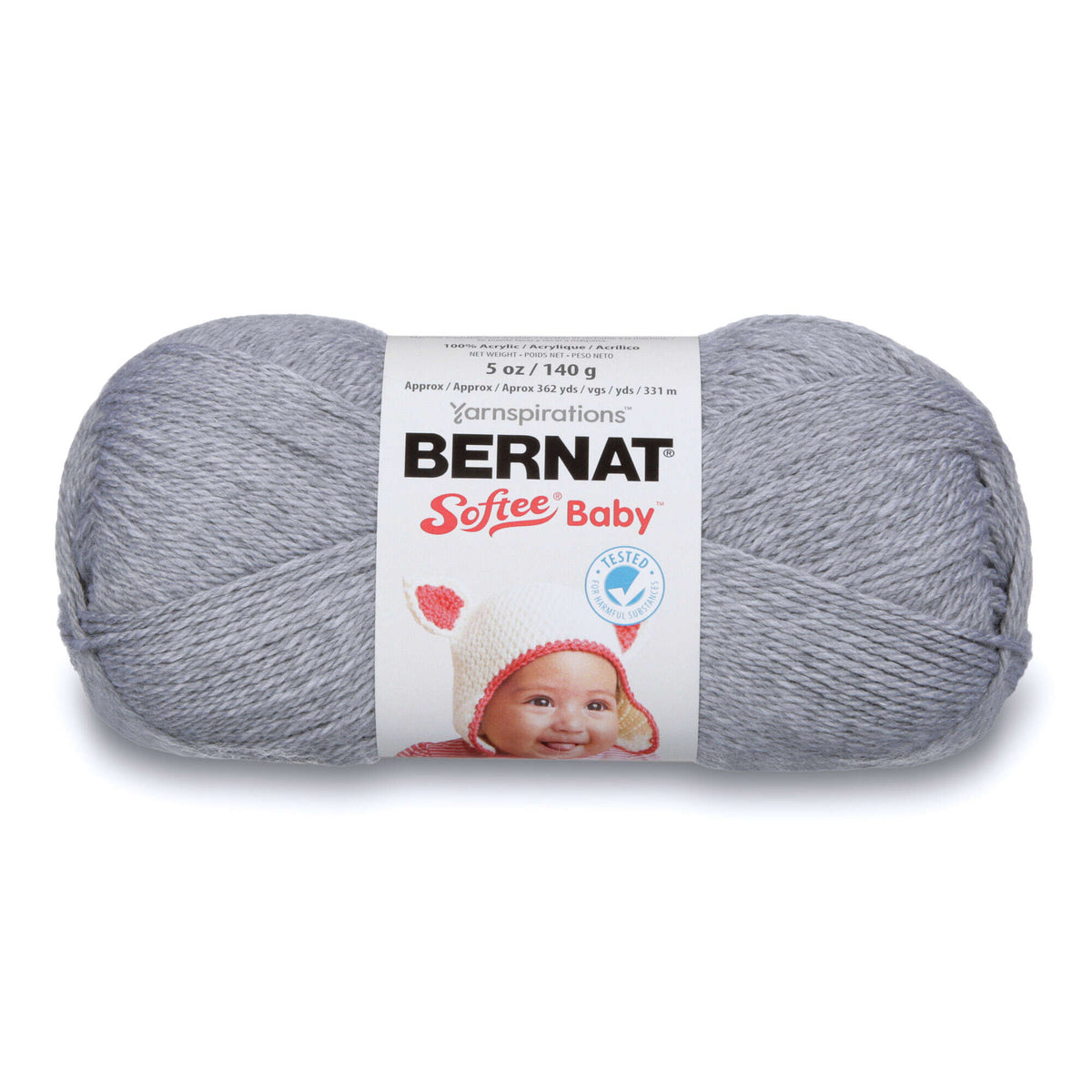 Gray skein of Bernat Softee Baby yarn on a white background