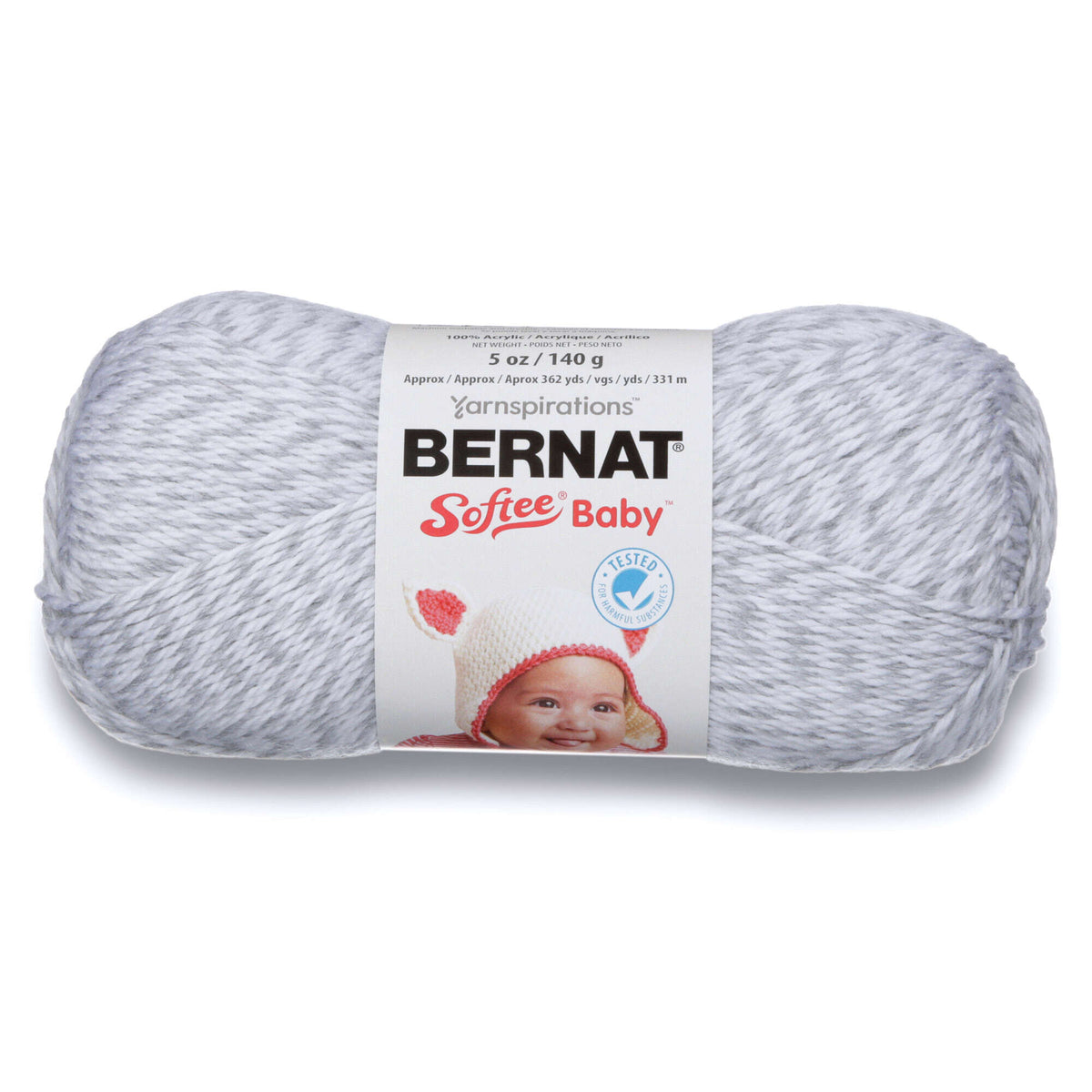Ball of Bernat Softee Baby yarn on a white background