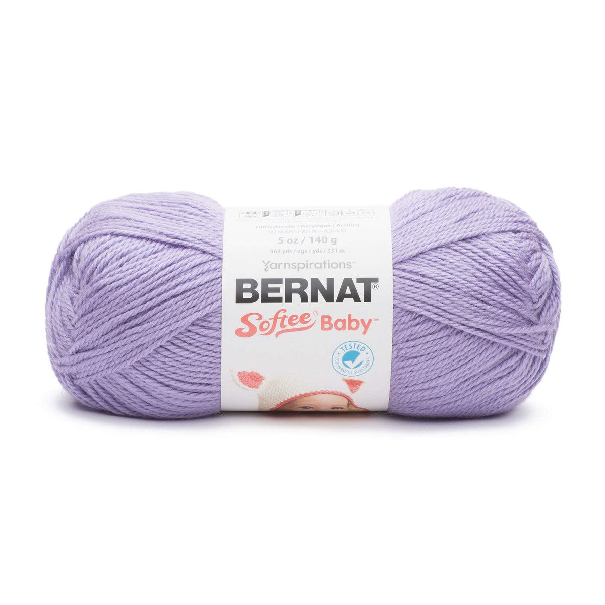 Ball of purple yarn with a Bernat label on a white background