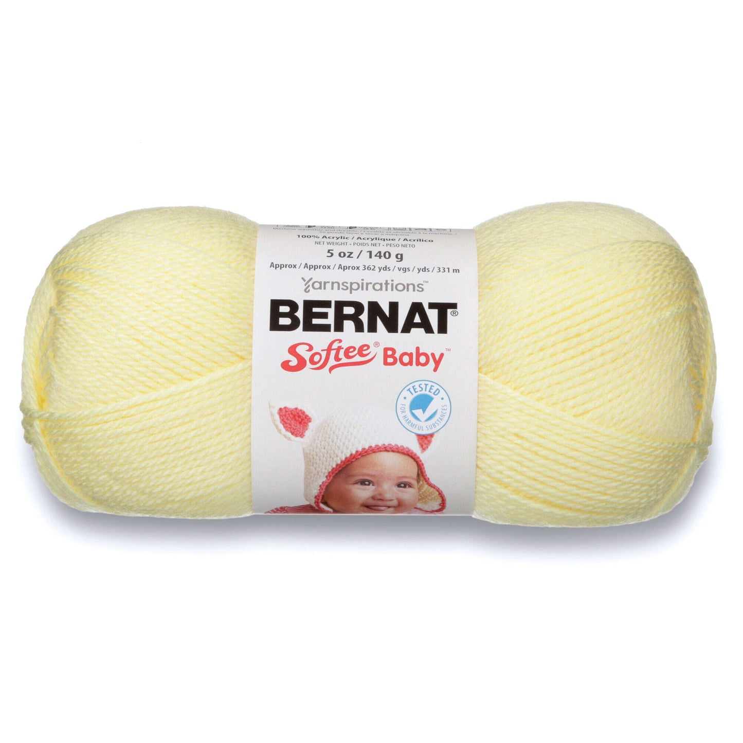 Ball of Bernat Softee Baby yarn on a white background