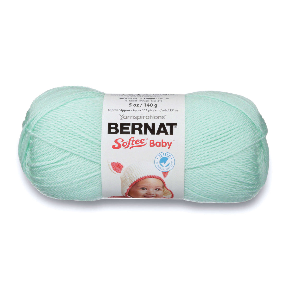 Ball of Bernat Softee Baby yarn in mint green on a white background