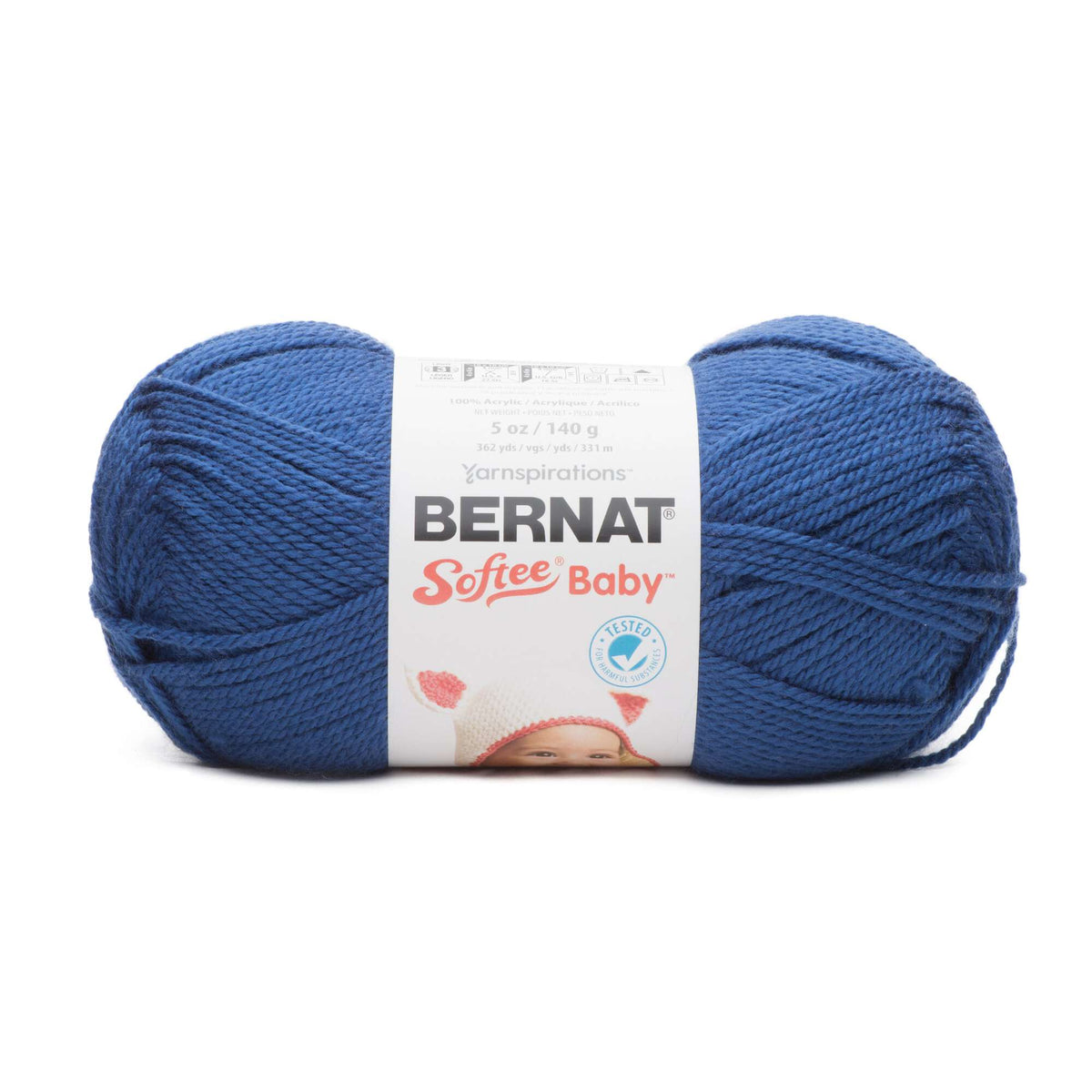 Blue skein of Bernat Softee Baby yarn on a white background