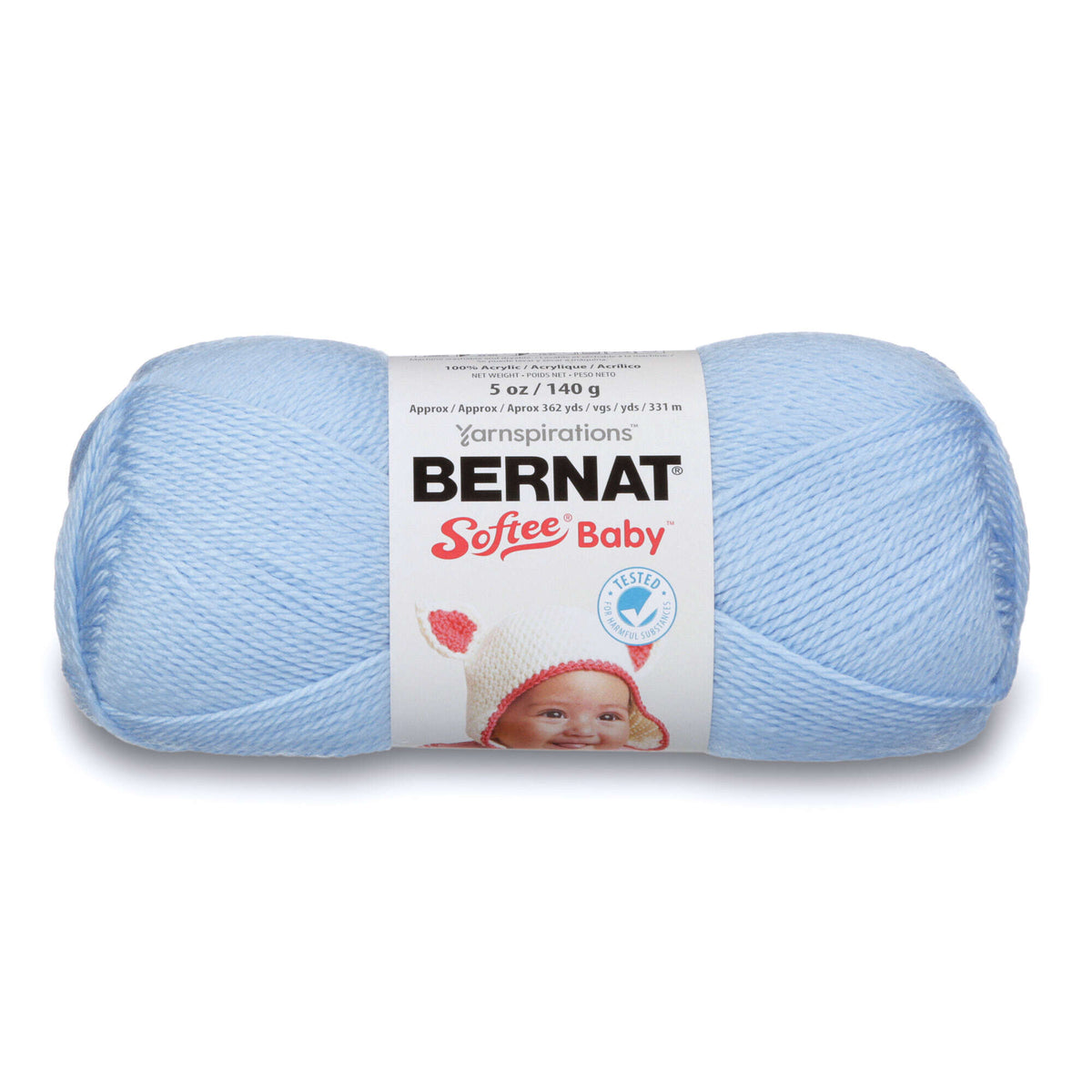 Ball of baby blue Bernat Softee Baby yarn on a white background