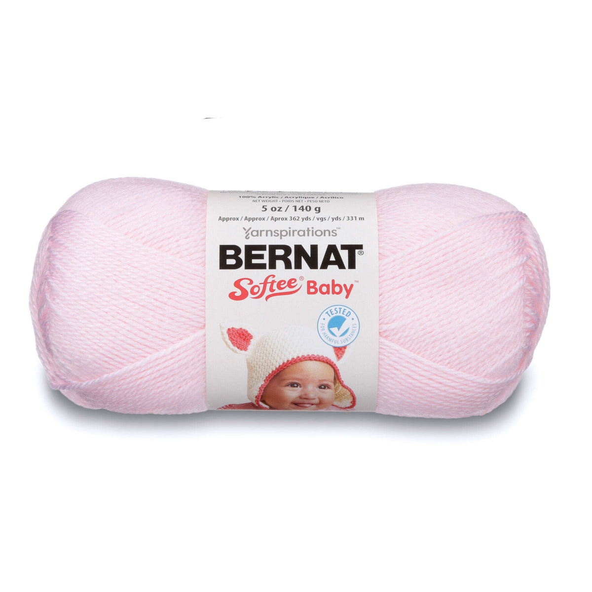 Pink skein of Bernat Softee Baby yarn on a white background