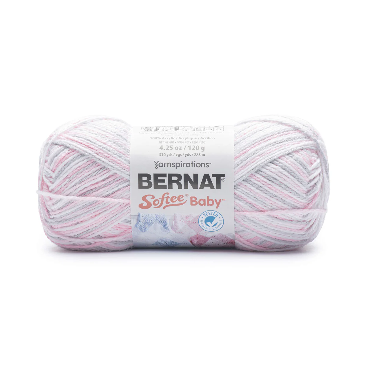 Ball of yarn with label Bernat Softee Baby on white background