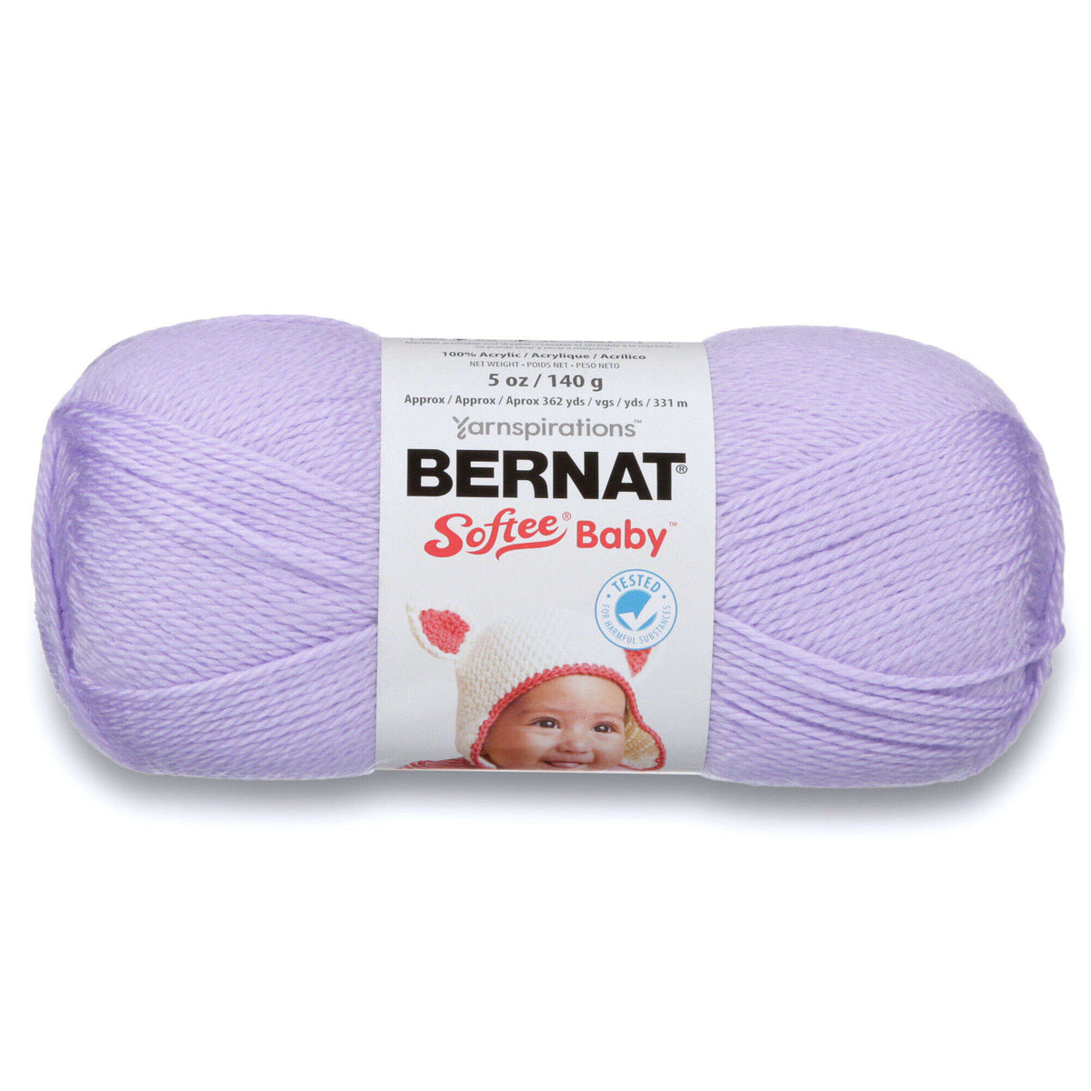 Ball of purple yarn with Bernat Softee Baby label on a white background