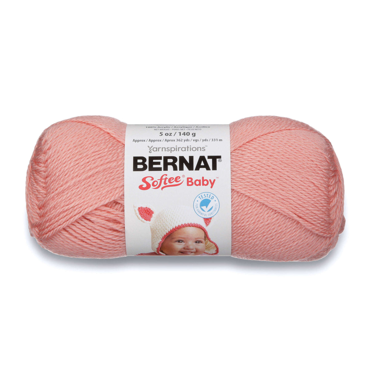 Ball of pink yarn with Bernat Softee Baby label on a white background