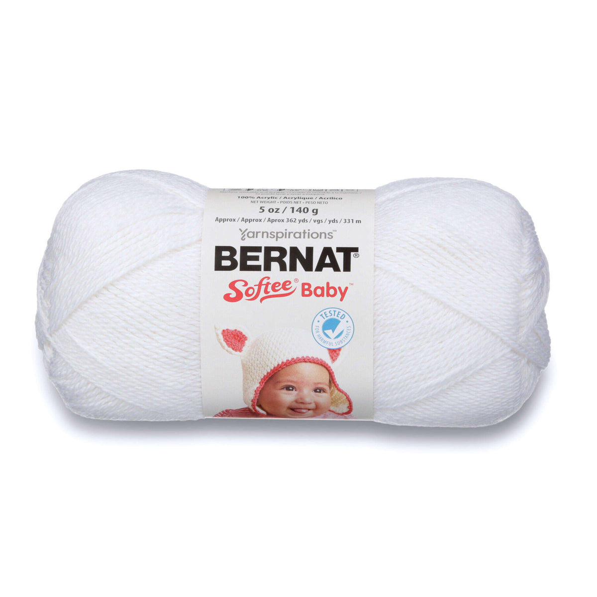White skein of Bernat Softee Baby yarn on a white background