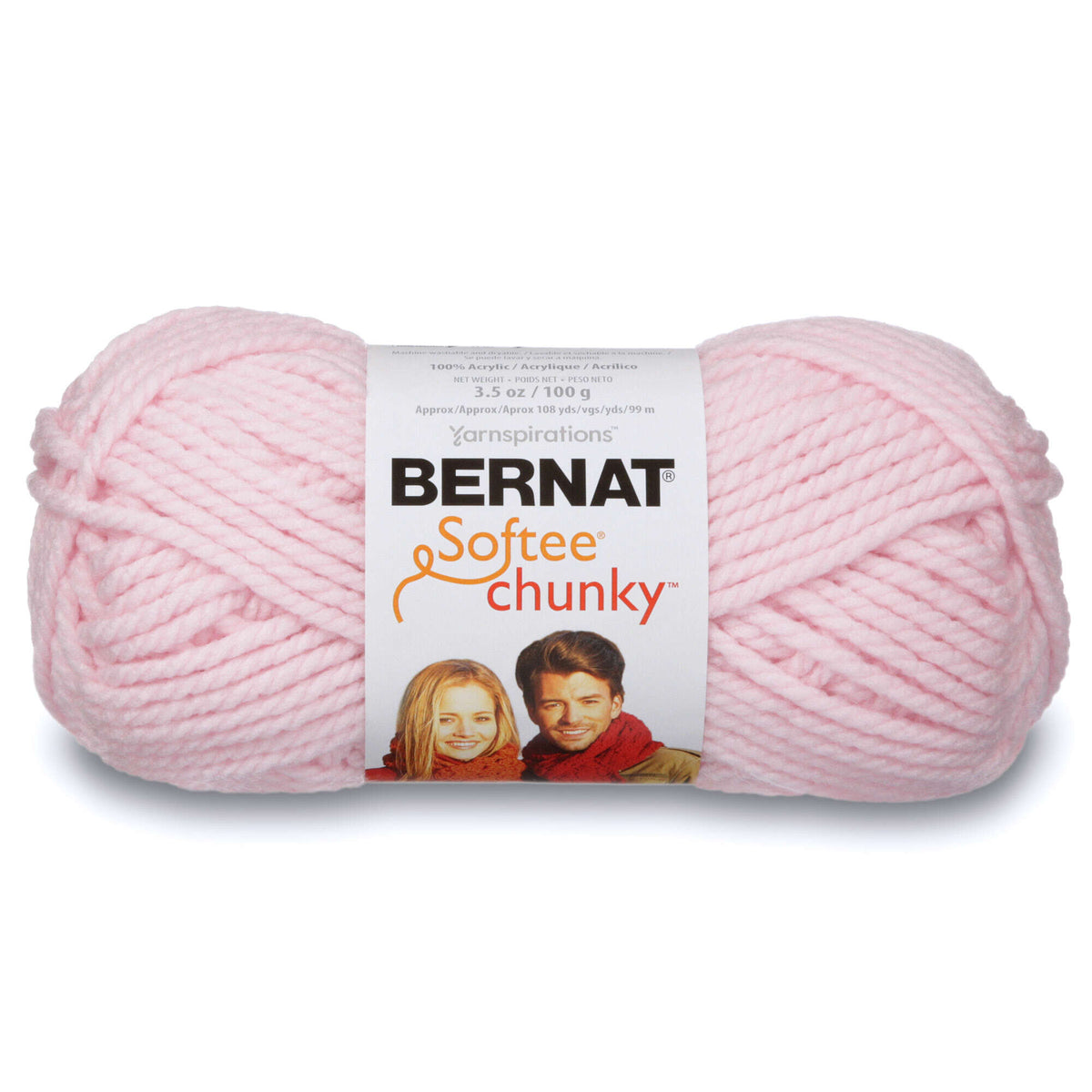 Pink skein of Bernat Softee Chunky yarn on a white background
