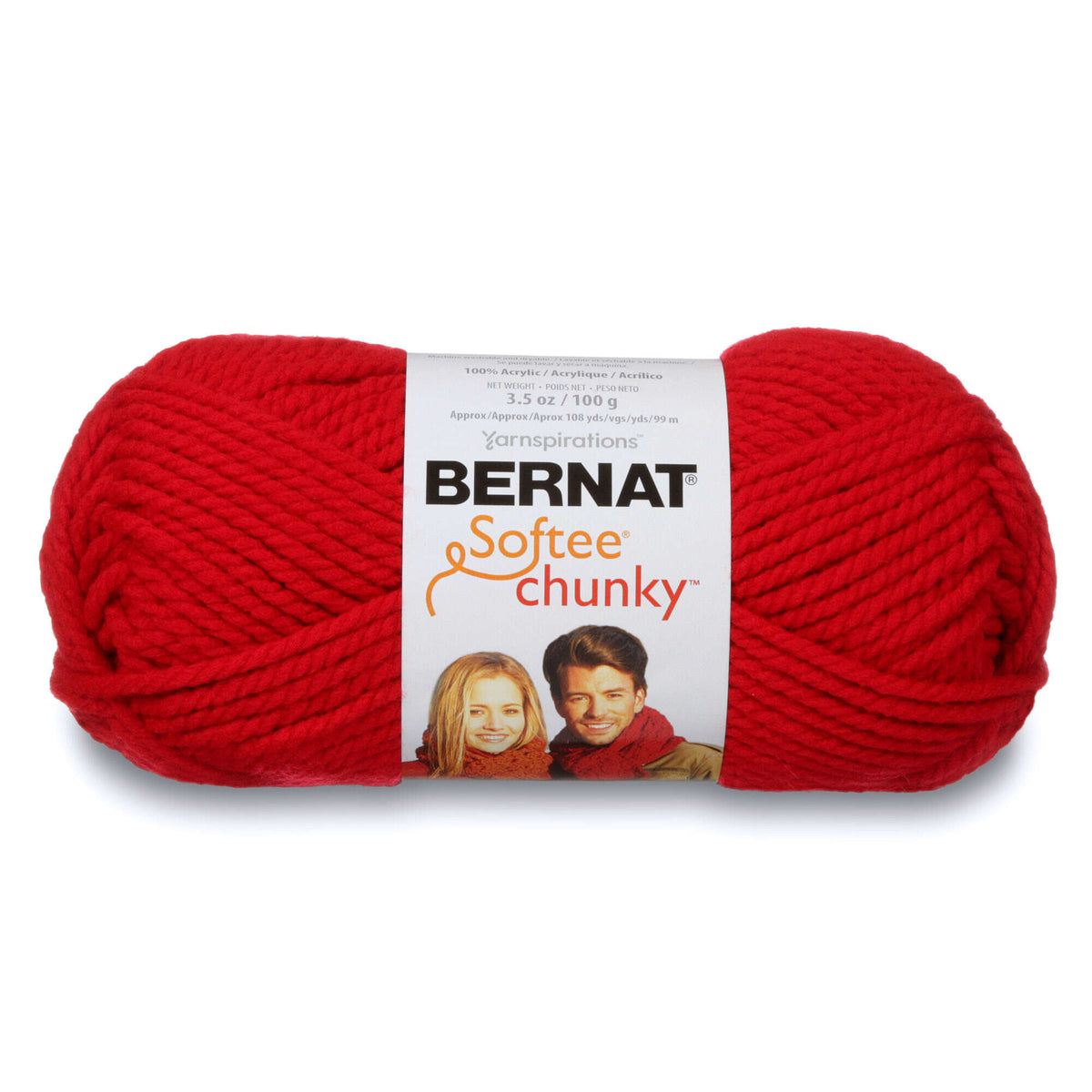 Red skein of Bernat Softee Chunky yarn on a white background