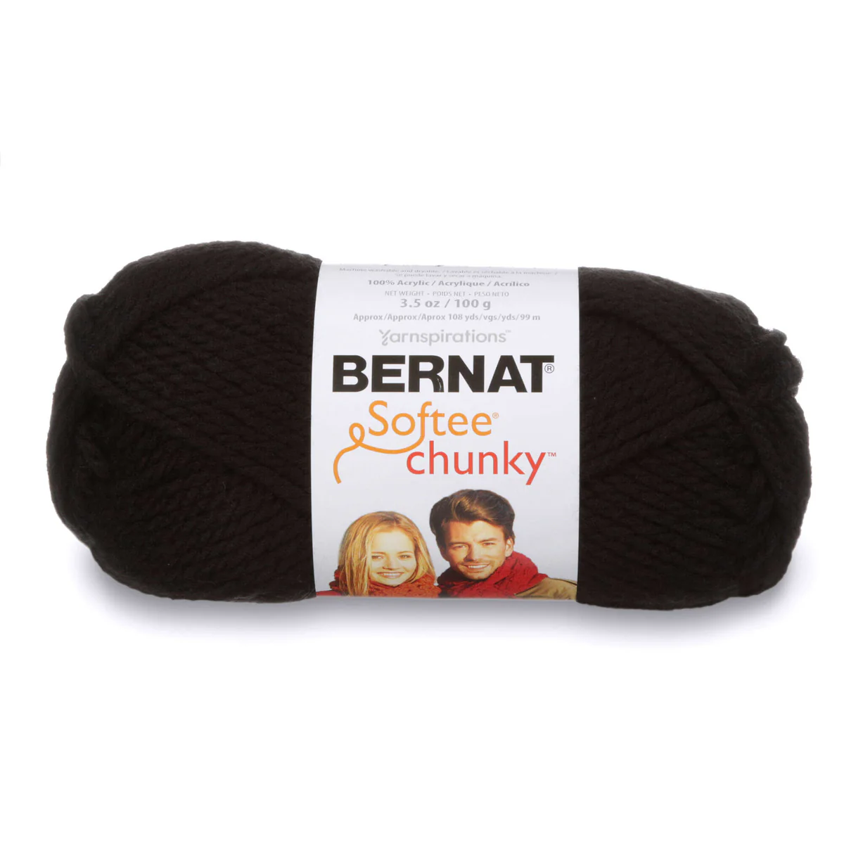 Ball of black Bernat Softee Chunky yarn on a white background