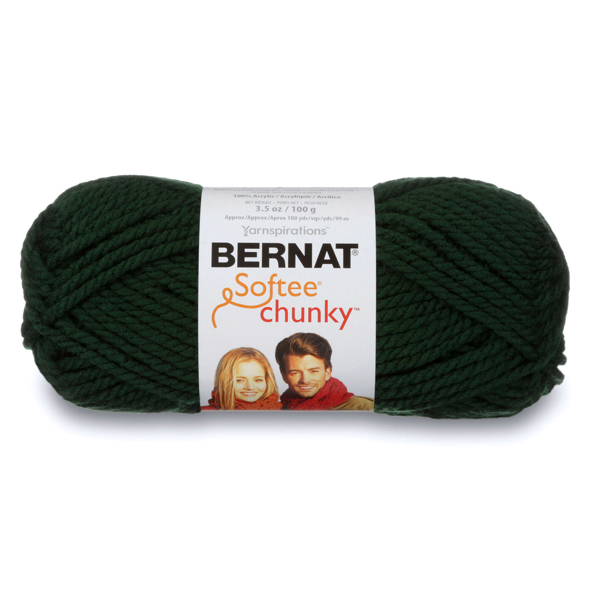Dark green skein of Bernat Softee Chunky yarn on a white background
