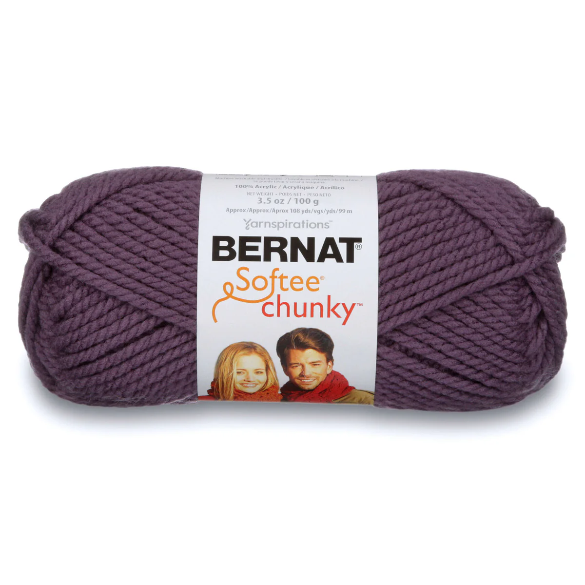 Ball of Bernat Softee Chunky yarn on a white background