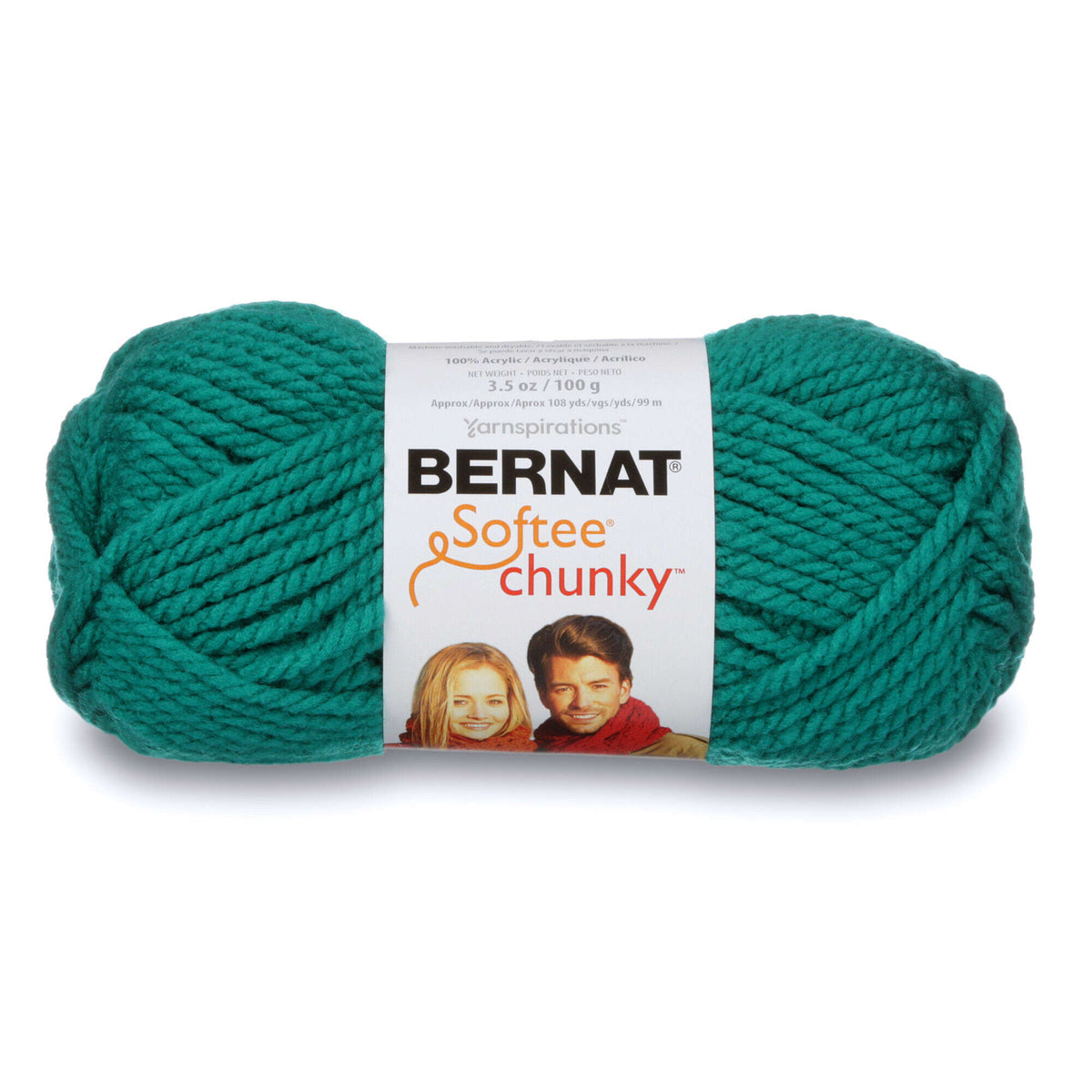 Teal skein of Bernat Softee Chunky yarn on a white background