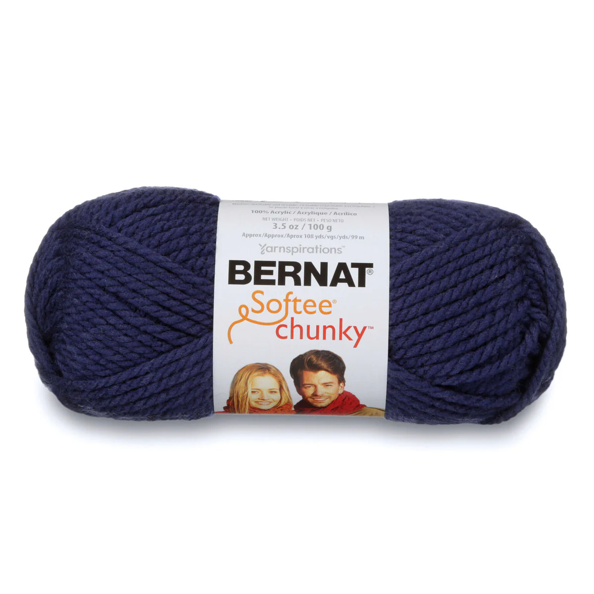 Navy blue skein of Bernat Softee Chunky yarn on a white background
