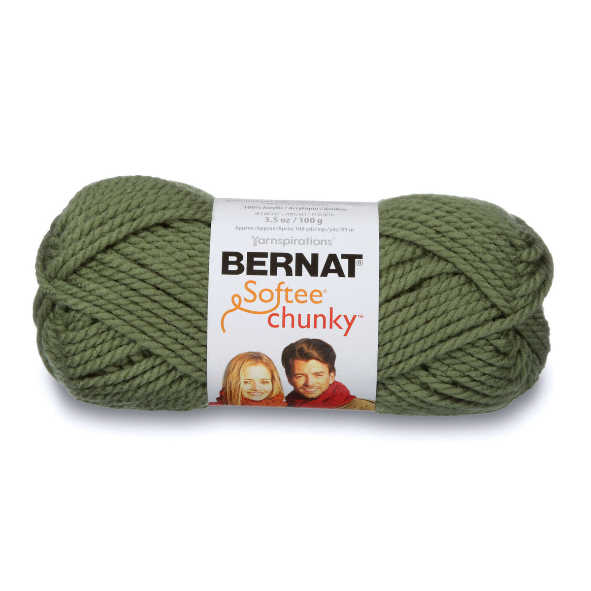 Green skein of Bernat Softee Chunky yarn on a white background