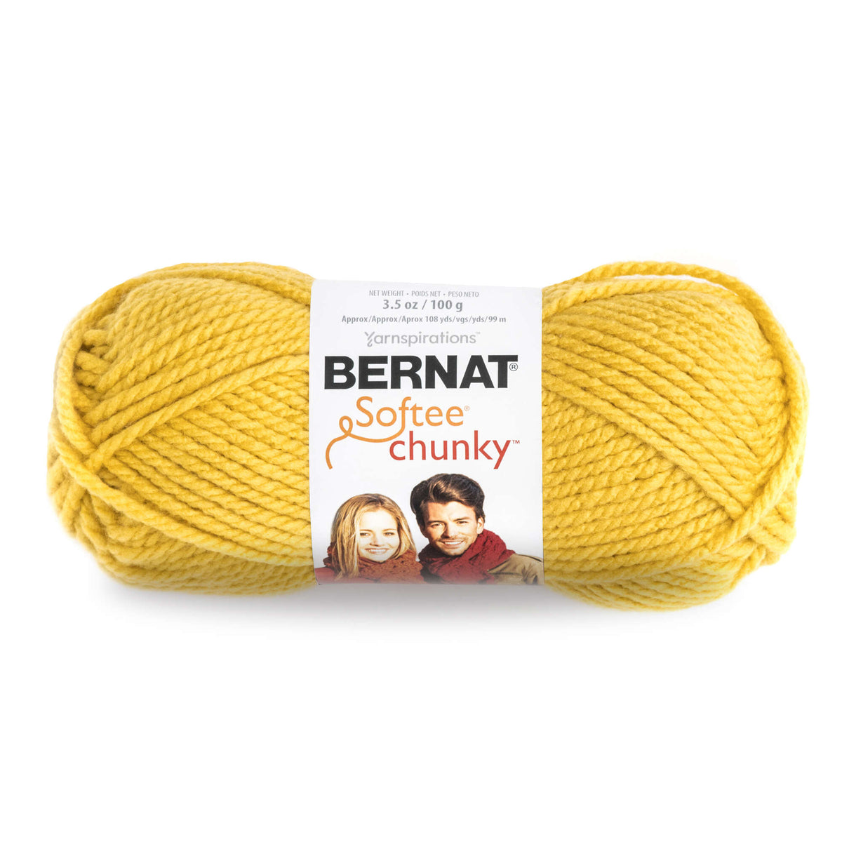 Yellow skein of Bernat Softee Chunky yarn on a white background