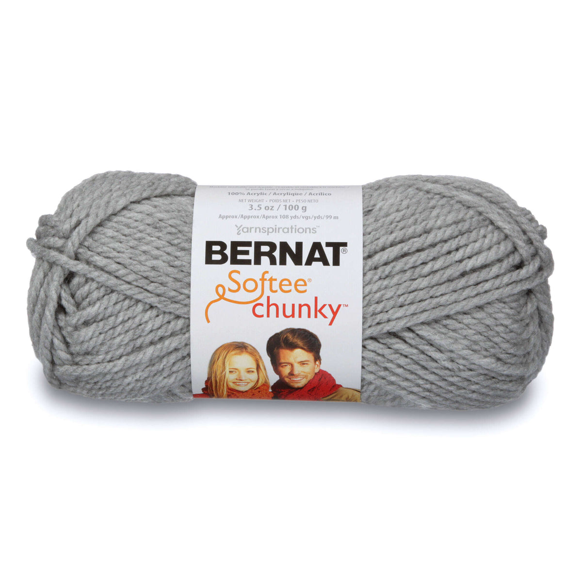 Gray skein of Bernat Softee Chunky yarn on a white background
