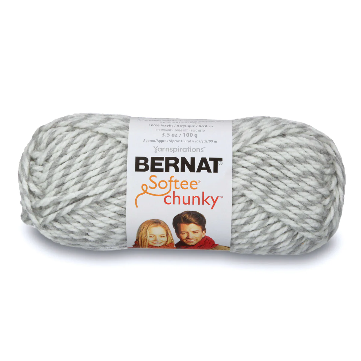 Ball of Bernat Softee Chunky yarn on a white background