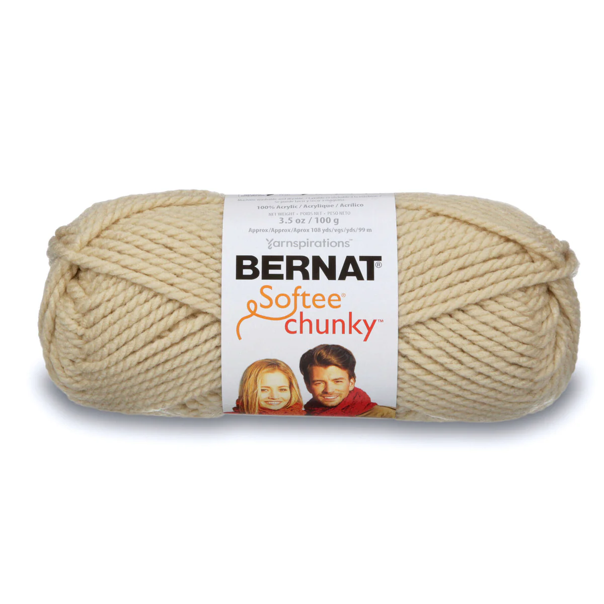 Ball of Bernat Softee Chunky yarn on a white background