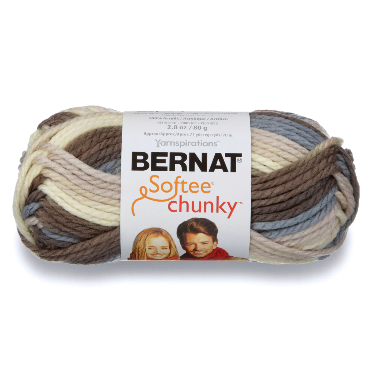 Bernat Softee Chunky yarn ball with label on a white background
