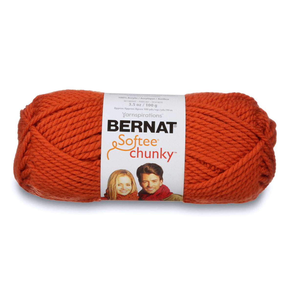 Ball of orange Bernat Softee Chunky yarn on a white background