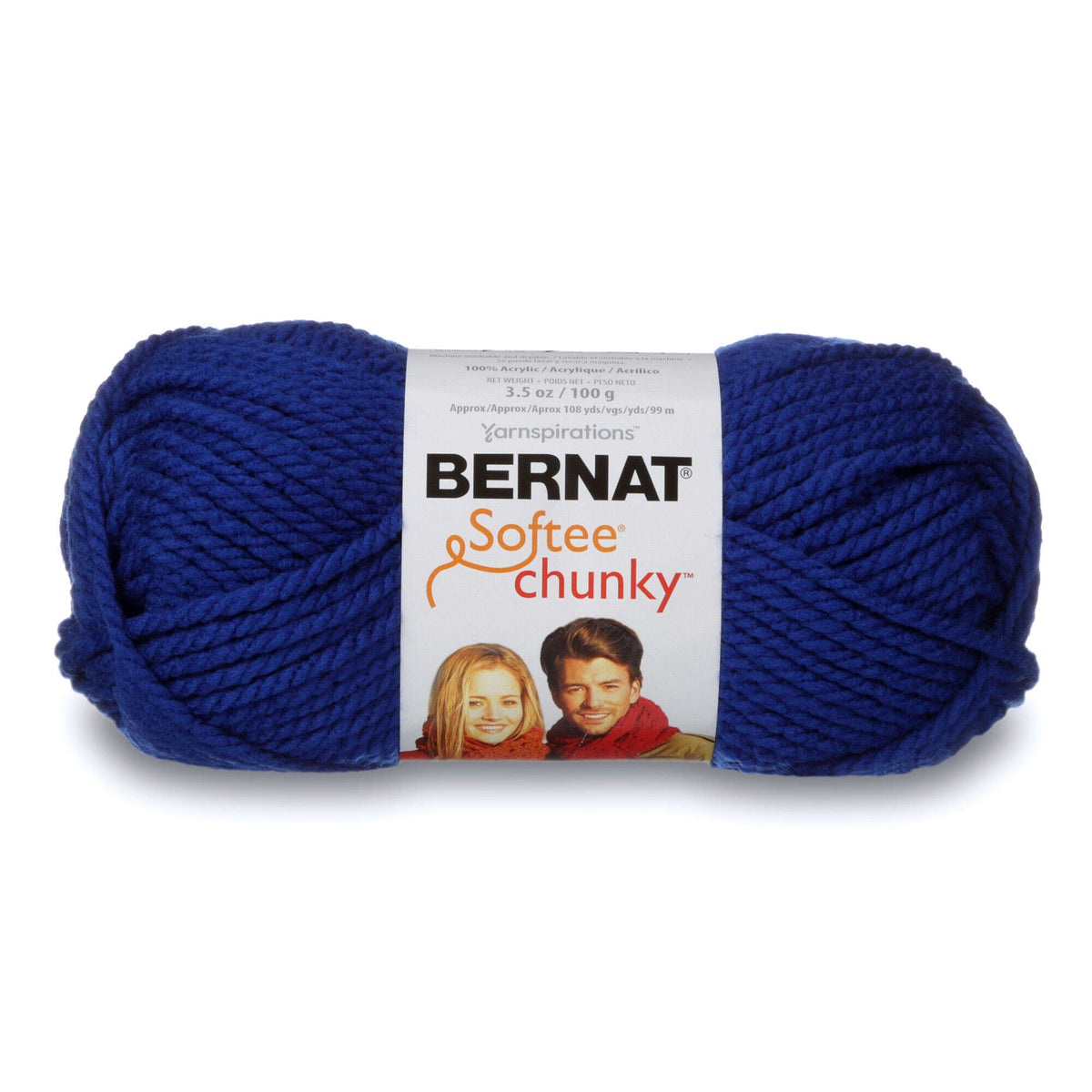 Blue skein of Bernat Softee Chunky yarn on a white background