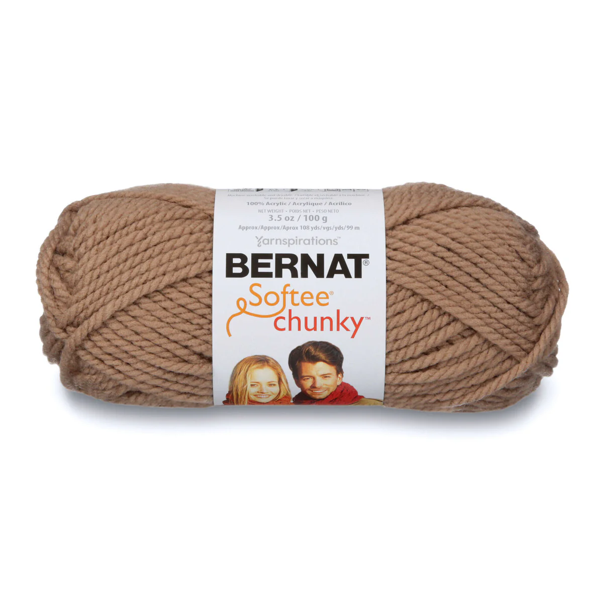 Ball of Bernat Softee Chunky yarn on a white background
