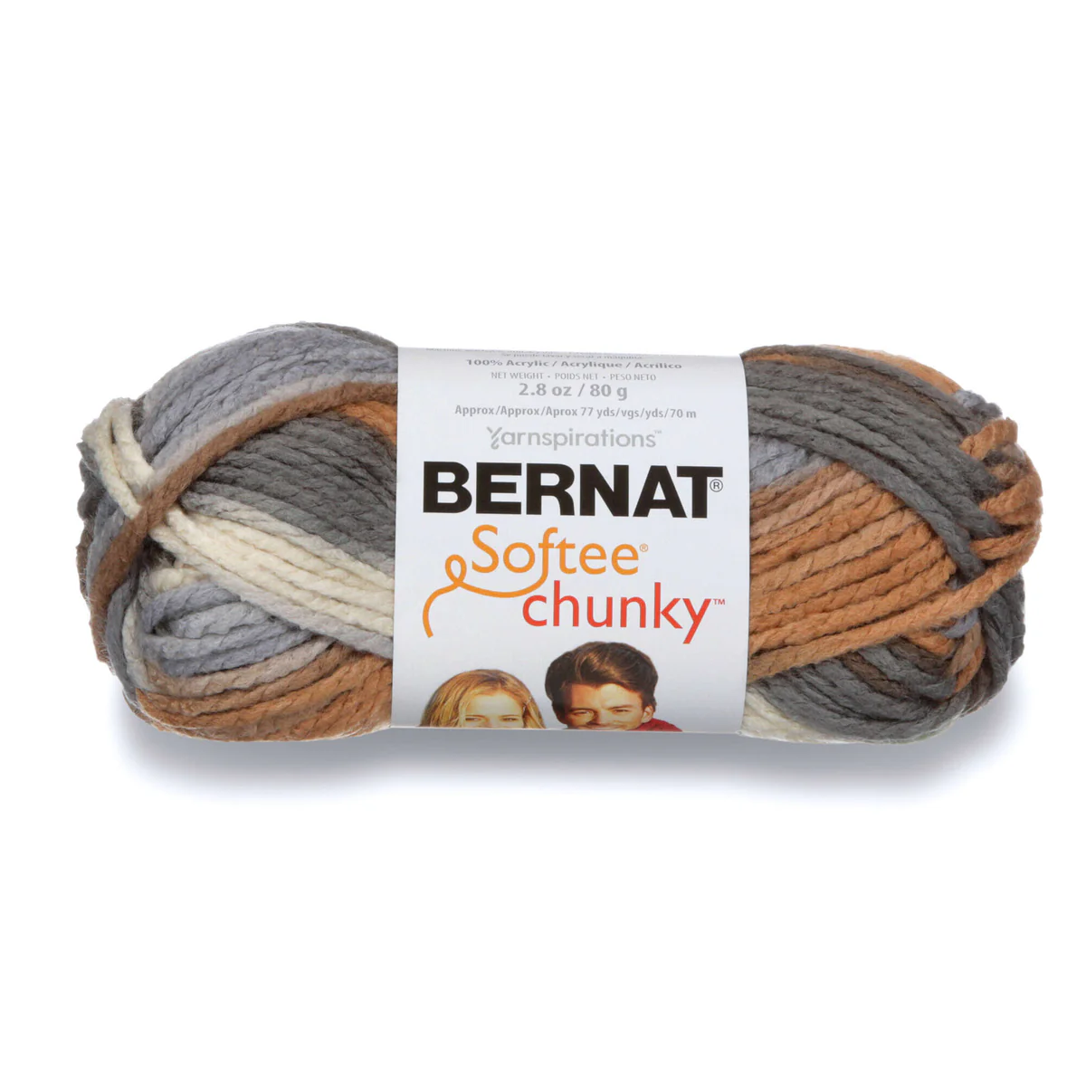 Ball of Bernat Softee Chunky yarn with a multicolor pattern on a white background