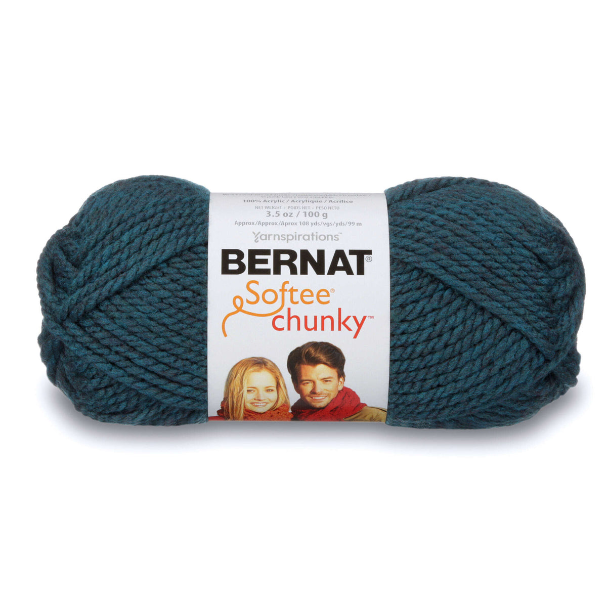 Teal skein of Bernat Softee Chunky yarn on a white background