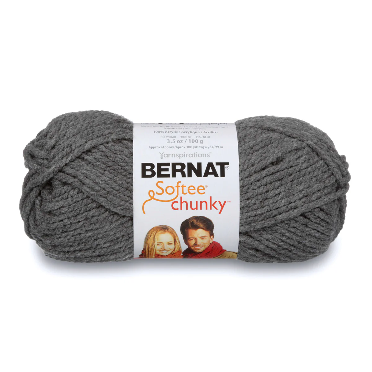 Gray skein of Bernat Softee Chunky yarn on a white background