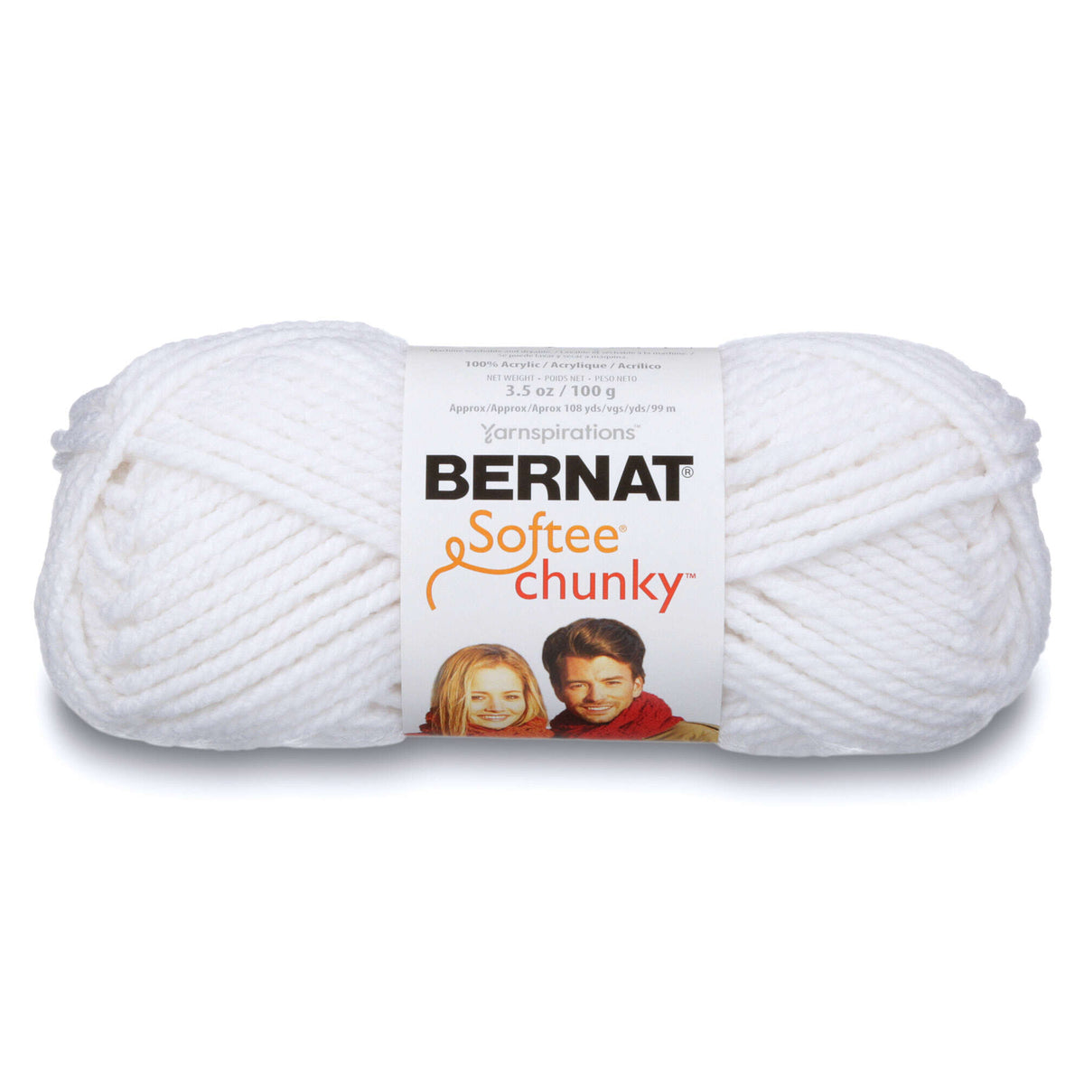 Ball of Bernat Softee Chunky yarn on a white background
