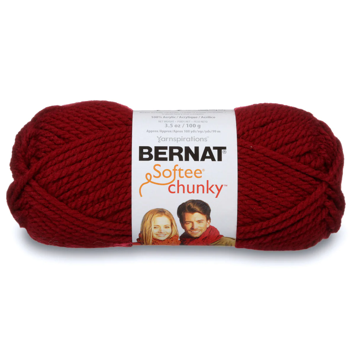 Red skein of Bernat Softee Chunky yarn on a white background